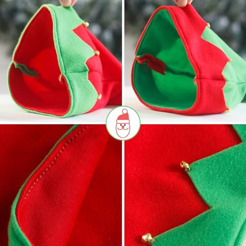 Suuwwn Gorro Elfo Navidad Verde y Rojo,4 Pcs Sombrero de Duende de Navidad Jingle Bells Sombrero Festivo de Navidad Gorro de Gorro Disfraz de Navidad para Navidad Suministros de Fiesta de Año Nuevo