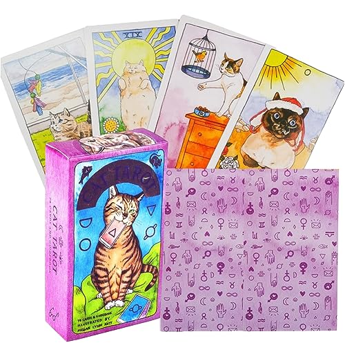 SWZY Baraja Vintage Deck Cards,78 Cartas Deck Cat Tarot Deck Cards para Principiantes, Baraja de Cartas Deck Cat de Patrones Coloridos Juego de Cartas Adulto Juego de Mesa Interactivo en Inglés