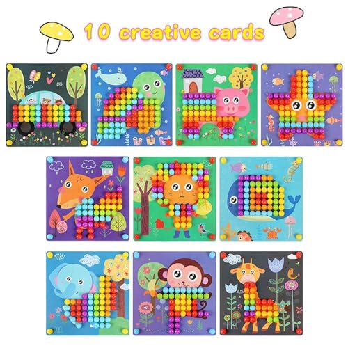 Tablero de Mosaicos Infantiles, Juguetes de Mosaico con 5 Engranaje, Tablero de Coincidir Colores con 180 Botones y 10 imágenes, Button Art Toys para Niños Pequeños para Niños De 3 4 5 Años