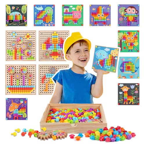 Tablero de Mosaicos Infantiles, Juguetes de Mosaico con 5 Engranaje, Tablero de Coincidir Colores con 180 Botones y 10 imágenes, Button Art Toys para Niños Pequeños para Niños De 3 4 5 Años