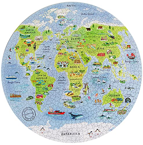 Talking Tables Rompecabezas de mapamundi de 1000 piezas para adultos, Rompecabezas circular único con monumentos famosos, regalos de viaje, regalo