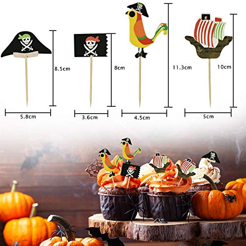 TANCUDER 48 PCS Topper Cupcake de Pirata con 4 Patrones Topper de Pastel de Bandera de Temática Pirata Palillos Decorativos de Piratas de Halloween para Tarta Comida de Fiesta Cumpleaños Halloween