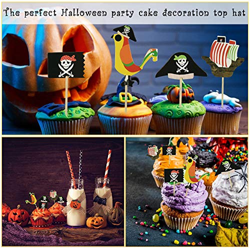 TANCUDER 48 PCS Topper Cupcake de Pirata con 4 Patrones Topper de Pastel de Bandera de Temática Pirata Palillos Decorativos de Piratas de Halloween para Tarta Comida de Fiesta Cumpleaños Halloween