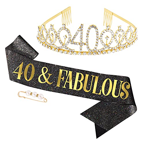 tao pipe 40años Corona Cumpleaños Cinturón de Cumpleaños Mujeres Tiara Corona de Diamantes de Imitación por 40 años de Decoración de Aniversario(Oro)