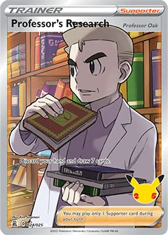 Tarjeta de investigación para profesores de Pokémon Celebrations, 25 aniversario, arte completo y tarjeta sorpresa