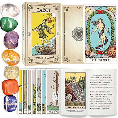 Tarjetas de tarot con libro guía y 7 piedras de chakra, cartas de tarot para lectores expertos principiantes, brujería, regalos espirituales para mujeres