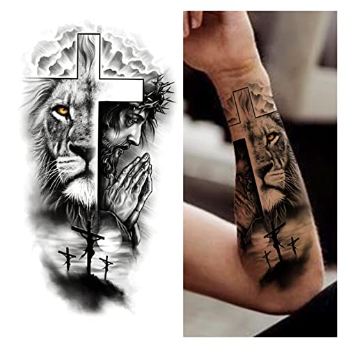 Tatuajes temporales 6pcs Cross Lion Tattoo temporal for mujeres Hombres Skullar adulto Tigre Wolf Forest Tattoo Pegatina Black Realista Demonio Tatoos Pegatinas para tatuajes ( Color : CXQB380 )