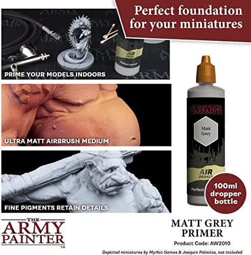 The Army Painter Airbrush Primer Matt Grey, Imprimación de Pintura Acrílica en Botella con Gotero de 100ml Imprimación para Pintura Acrílica para Aerografía y Pintura de Miniaturas de Juegos de Guerra