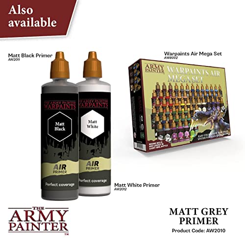 The Army Painter Airbrush Primer Matt Grey, Imprimación de Pintura Acrílica en Botella con Gotero de 100ml Imprimación para Pintura Acrílica para Aerografía y Pintura de Miniaturas de Juegos de Guerra