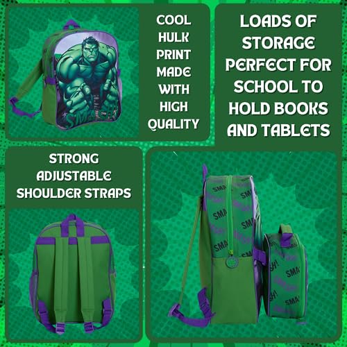 The Hulk - Mochila con bolsa de almuerzo para niños, bolsa escolar de Marvel de 2 piezas a juego con aislamiento, Green, Talla única, Mochila