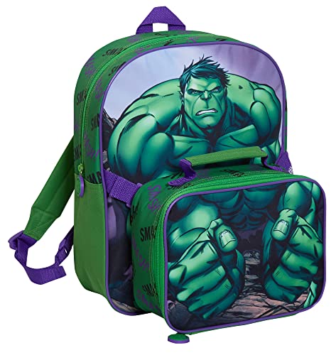 The Hulk - Mochila con bolsa de almuerzo para niños, bolsa escolar de Marvel de 2 piezas a juego con aislamiento, Green, Talla única, Mochila