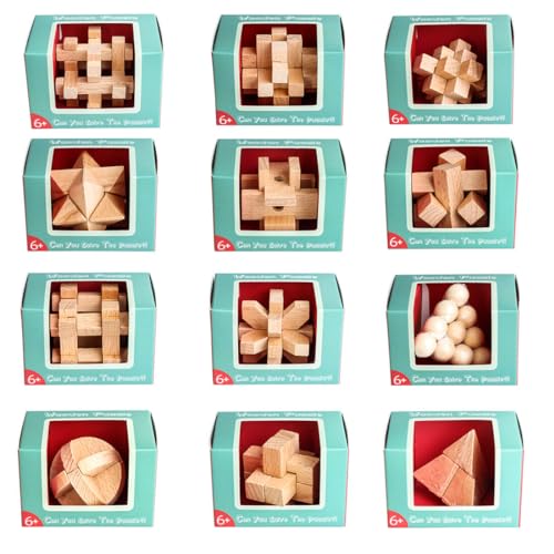 THEGO Calendario de Adviento de Navidad 2023, rompecabezas de 12 piezas, rompecabezas de madera de coeficiente intelectual 3D de haya Kong Ming Lock Luban Lock, juegos de lógica, juegos complicados,