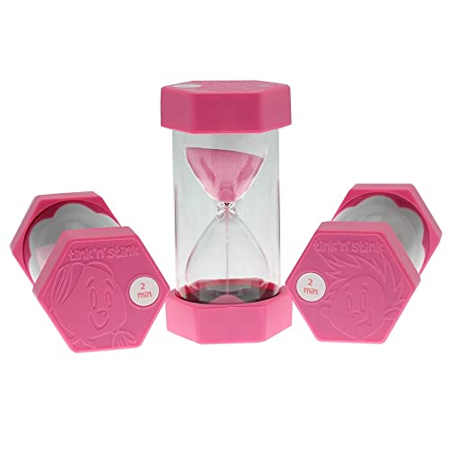 Tink n Stink Reloj de arena grande con temporizador de 2 minutos rosa con tapas de extremo robustas, gestión del tiempo silenciosa, juegos de aula, oficina en casa