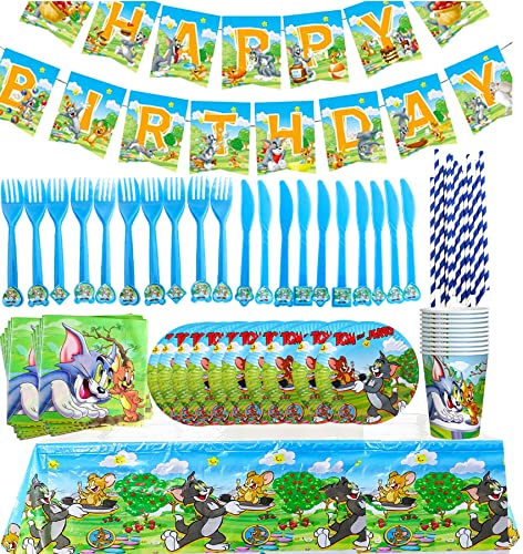 Tom and Jerry Decoracion Cumpleaños, 72 Piezas Vajilla de Cumpleaños, Anime Fiesta Cumpleaños Infantil Platos Y Vasos para Cumpleaños Pancarta Servilletas Mantel Tenedores Cubiertos para 10 Niños