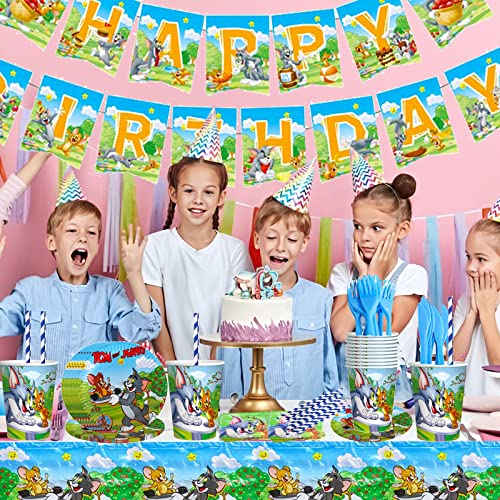 Tom and Jerry Decoracion Cumpleaños, 72 Piezas Vajilla de Cumpleaños, Anime Fiesta Cumpleaños Infantil Platos Y Vasos para Cumpleaños Pancarta Servilletas Mantel Tenedores Cubiertos para 10 Niños