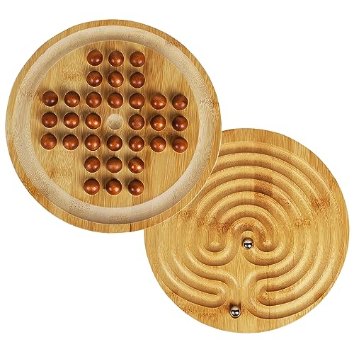 Toys of Wood Oxford Juego de solitario y laberinto de madera 2 en 1, juego de mesa clásico para un jugador, 25 cm, 9.8', canicas, juego de equilibrio y estrategia 2 en 1, rompecabezas y laberinto