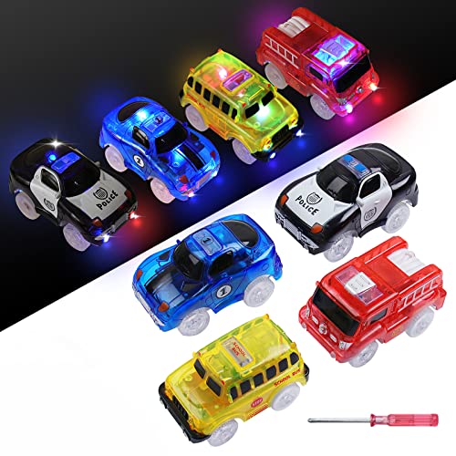 Tracks Cars - Juego de 4 piezas de juguete para coche con 5 luces LED parpadeantes, para iluminar en la oscuridad, compatible con la mayoría de pistas para niños, niños y niñas