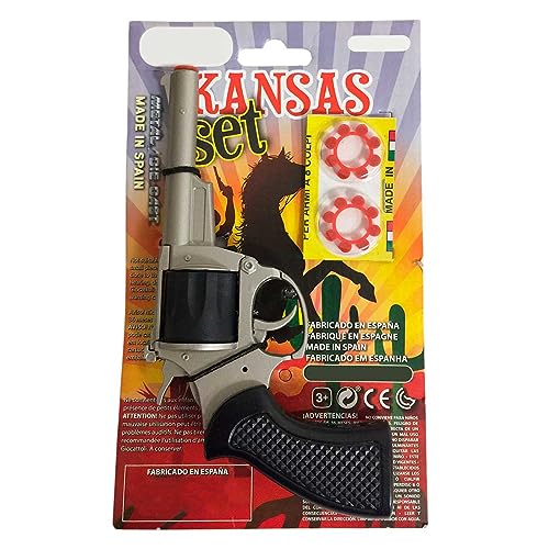 Tradineur- Pistola de Juguete Kansas con 32 fulminantes, 17 x 9 cm, revólver Recargable con Disparos sonoros, 4 Discos de 8 fulminantes, Regalo para niños