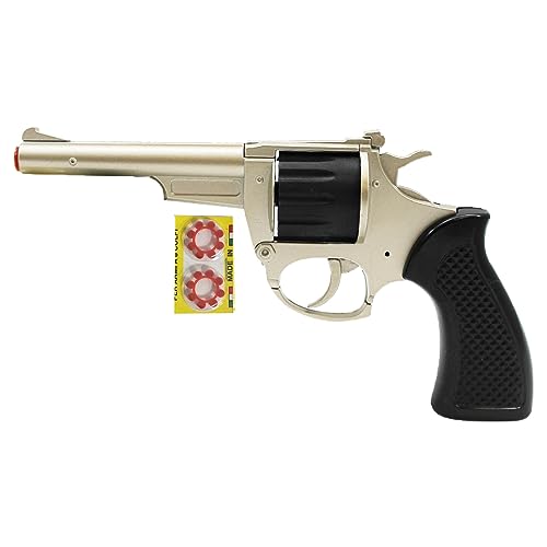 Tradineur- Pistola de Juguete Kansas con 32 fulminantes, 17 x 9 cm, revólver Recargable con Disparos sonoros, 4 Discos de 8 fulminantes, Regalo para niños