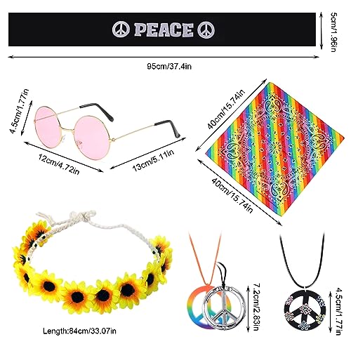 TSHAOUN 9 piezas Hippie Costume Set, Gafas de Sol Redondas Collar el Signo de la Paz Collar de Girasol y Diadema Hippie Colorida,Accesorios de Vestir Hippie Retro de Los Años 60, 70 (9 piezas)