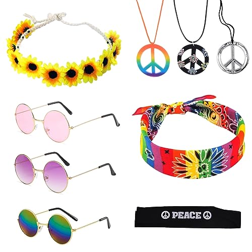 TSHAOUN 9 piezas Hippie Costume Set, Gafas de Sol Redondas Collar el Signo de la Paz Collar de Girasol y Diadema Hippie Colorida,Accesorios de Vestir Hippie Retro de Los Años 60, 70 (9 piezas)