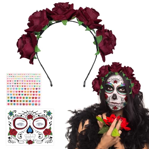 TZQFROCE Diadema con diseño de rosas muertas para Halloween, diadema de flores, Dia de los Muertos, disfraz de Halloween, accesorio para el pelo para disfraces, Halloween, carnaval, fiesta temática