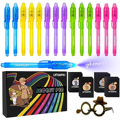 UITEAMO Juego de 45 lápices mágicos para cumpleaños infantiles, con luz UV y bloc de notas, gafas de detective, bolígrafo UV de detective, regalo de cumpleaños infantil (para 15 niños)