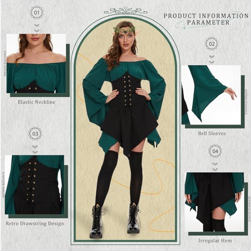 Ulikey Vestido Tradicional Irlandés para Mujer, Vestido Medieval para Mujer, Vestido Gótico para Mujer Disfraz de Halloween con Orejas de Elfo, Adorno de Pelo, Calcetines Overknee