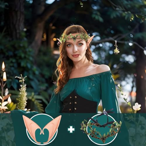 Ulikey Vestido Tradicional Irlandés para Mujer, Vestido Medieval para Mujer, Vestido Gótico para Mujer Disfraz de Halloween con Orejas de Elfo, Adorno de Pelo, Calcetines Overknee