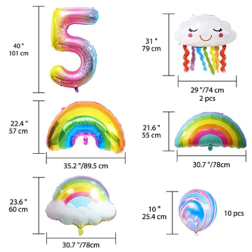 Ungfu Mall 5. Juego de decoración de cumpleaños de arco iris, globos con número de 5 globos de papel de aluminio, globos para cumpleaños, arco iris, borlas, globos para niñas, decoración de cumpleaños