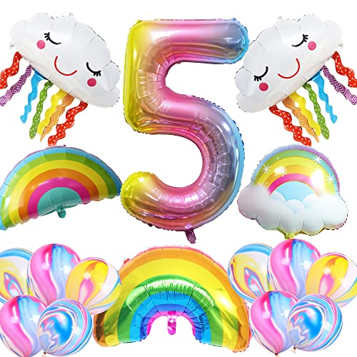 Ungfu Mall 5. Juego de decoración de cumpleaños de arco iris, globos con número de 5 globos de papel de aluminio, globos para cumpleaños, arco iris, borlas, globos para niñas, decoración de cumpleaños