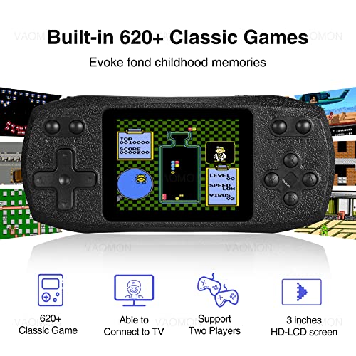 VAOMON,Consola de juegos de mano para niños, más de 620 juegos clásicos de FC, soporte de videojuegos recargable para conectar TV y 2 jugadores, regalo ideal (negro premium)