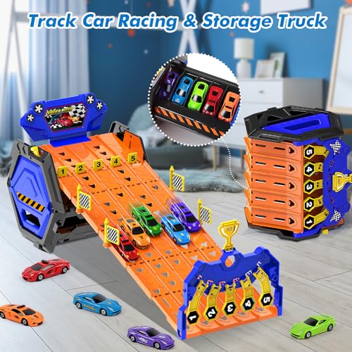 VATOS Camión de transporte de 5 pistas, coches de juguete para niños de edad 3, 4, 5, 6, 7, 8, portátil, coche con 5 coches, camión de transporte