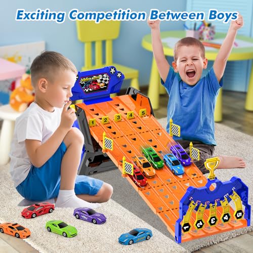 VATOS Camión de transporte de 5 pistas, coches de juguete para niños de edad 3, 4, 5, 6, 7, 8, portátil, coche con 5 coches, camión de transporte
