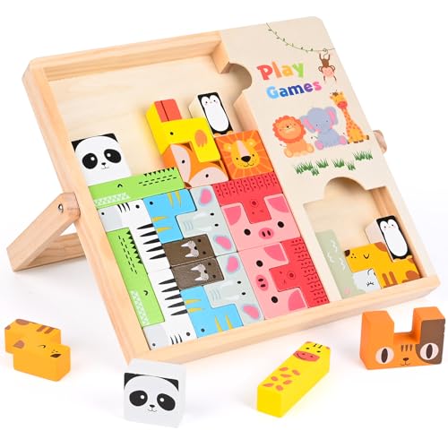 Victse Tetris Puzzle Niño, Montessori Juegos Juguetes Niños 3 4 5 6 Años, Colorido Patrón Animal Bloques Puzzle Madera, 3D Juguete Rompecabezas Niños, Regalos Cumpleaños Niños Niña Niño 3-6 Años