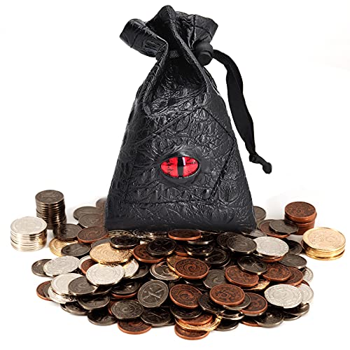 Viipha DND - Juego de 60 monedas de metal con bolsa de cuero, fichas de juego, tesoro pirata, accesorios y accesorios para juegos de mesa