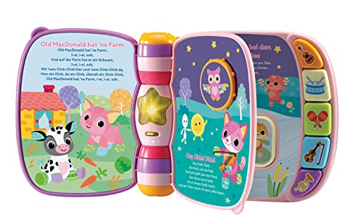 VTech Baby Mi primer libro de canciones rosa – Libro de colores con 7 páginas y elementos móviles para jugar, escuchar y cantar – Para niños de 9 a 36 meses