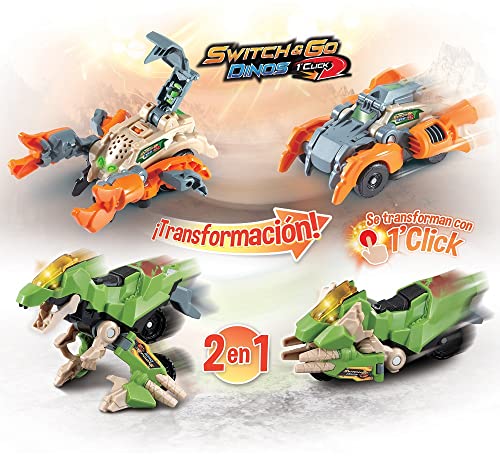 VTech - Switch&Go Dinos OneClick, Sprint el velociráptor moto, Dinosaurios y figuras de acción, Juguete transformable en 1click 2en1 Dino-Car, Para niños +3 años, Versión ESP