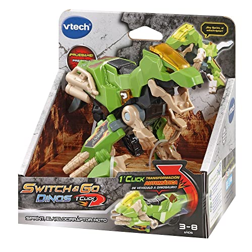 VTech - Switch&Go Dinos OneClick, Sprint el velociráptor moto, Dinosaurios y figuras de acción, Juguete transformable en 1click 2en1 Dino-Car, Para niños +3 años, Versión ESP