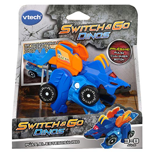 VTech - Switch&Go Dinos Púas el estegosaurio coche de carreras, Dinosaurios y figuras de acción, Juguete transformable 2 en 1 Dino-Car para niños +3 años, Versión ESP