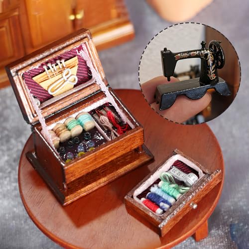 VZXQX Accesorios para Casa de Muñecas Miniatura, 1/12 Mini Máquina de Coser Vintage y Caja de Coser en Madera 2 Piezas Maquetas, Muebles Accesorios en Miniatura para Casa de Muñecas Navidad Decoración