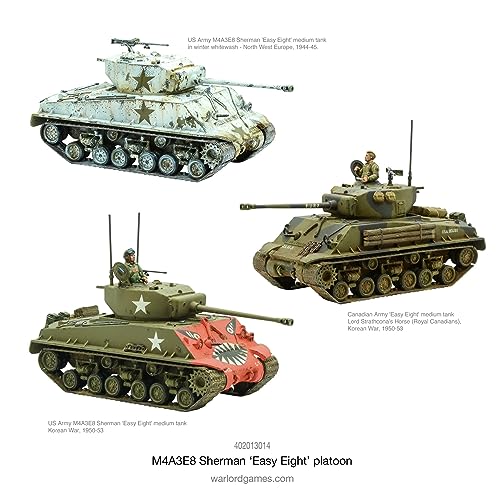 Warlord Games M4A3E8 Sherman Easy Eight Platoon (3 tanques) 1:56 / 28 mm Modelo de tanque de plástico para acción de pernos Miniaturas altamente detalladas de la Segunda Guerra Mundial para juegos de