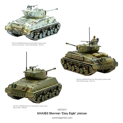 Warlord Games M4A3E8 Sherman Easy Eight Platoon (3 tanques) 1:56 / 28 mm Modelo de tanque de plástico para acción de pernos Miniaturas altamente detalladas de la Segunda Guerra Mundial para juegos de