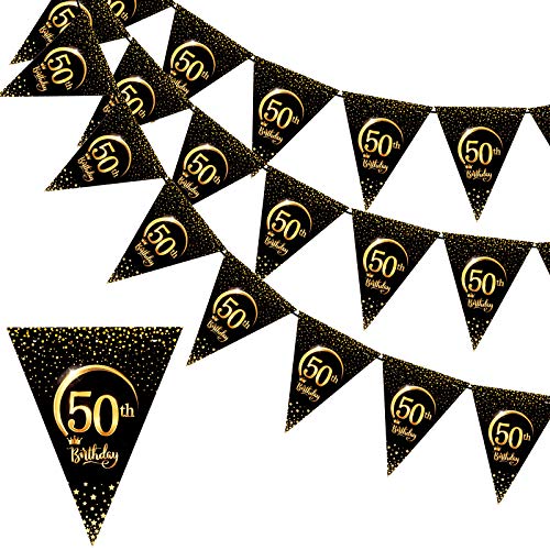 Whaline Banderines triangulares de 50 cumpleaños, color dorado, negro, con 20 banderas, guirnalda colgante de doble cara, para hombres y mujeres, ceremonias de cumpleaños, decoración de fiestas, 45 cm