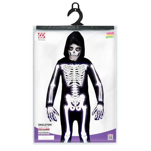 Widmann - Disfraz de esqueleto para niño, mono con capucha, blanco, brilla bajo la luz ultravioleta, disfraz Halloween