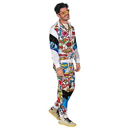 Widmann - Disfraz de los años 80 Pop Art, brilla bajo la luz UV, chaqueta y pantalón, cómic, chándal, estilo retro, botón de baño, fiesta, carnaval