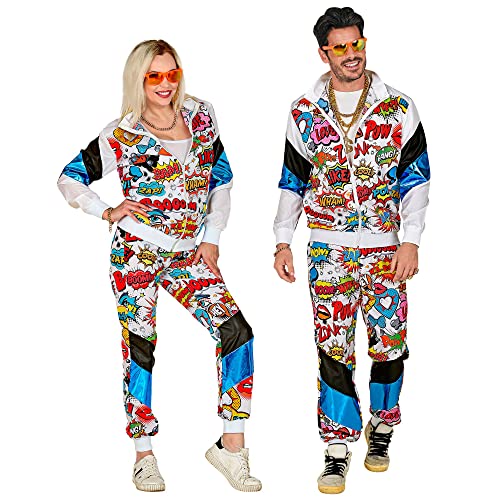 Widmann - Disfraz de los años 80 Pop Art, brilla bajo la luz UV, chaqueta y pantalón, cómic, chándal, estilo retro, botón de baño, fiesta, carnaval