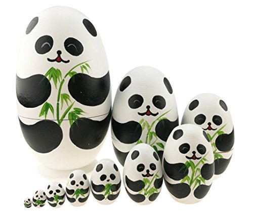 Winterworm Juego de 10 piezas de juguete apilable de madera con forma de huevo de panda, hecho a mano, muñecas de anidación, animales, muñeca matrioshka, muñecas babushka, cosas de panda, huevo de