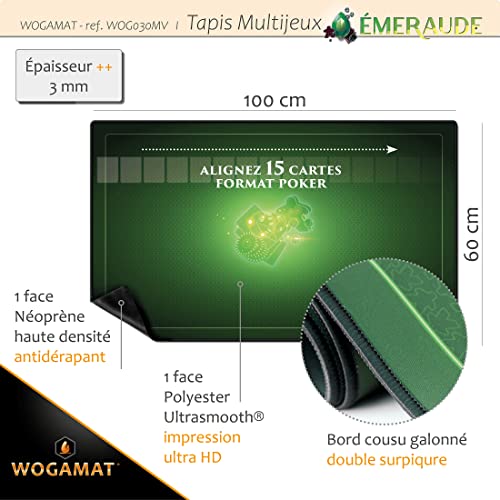 WOGAMAT – Alfombra de juego de neopreno verde esmeralda de gran longitud, 60 x 100 cm, para juegos de cartas, juegos de dados, juegos de mesa, neopreno silencioso grueso, lavable antideslizante,