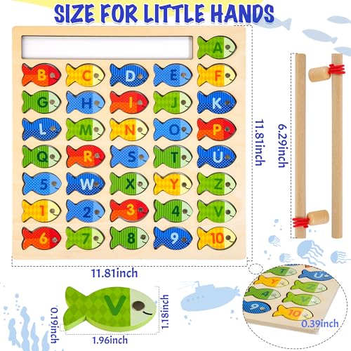 WOODMAM Juego de Pesca de Madera para niños de 3 años,Montessori ABC para Aprender Juguetes de Rompecabezas con Tarjetas de Palabras, Letras de Pesca adecuados de Edad Regalos para niños pequeño